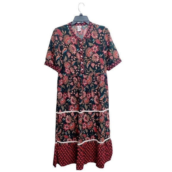WRAPPER Paisley Floral Midi Retro Dark Cottagecore Large Tiered Dress Boho Glam - Picture 1 of 5